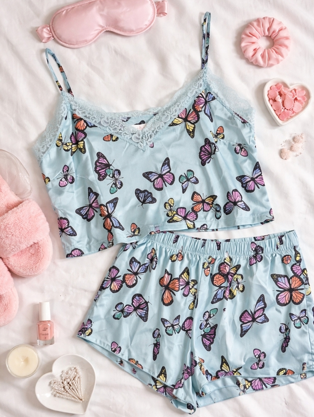Light Blue Butterfly Pajama Camisole and Shorts Set - Size L